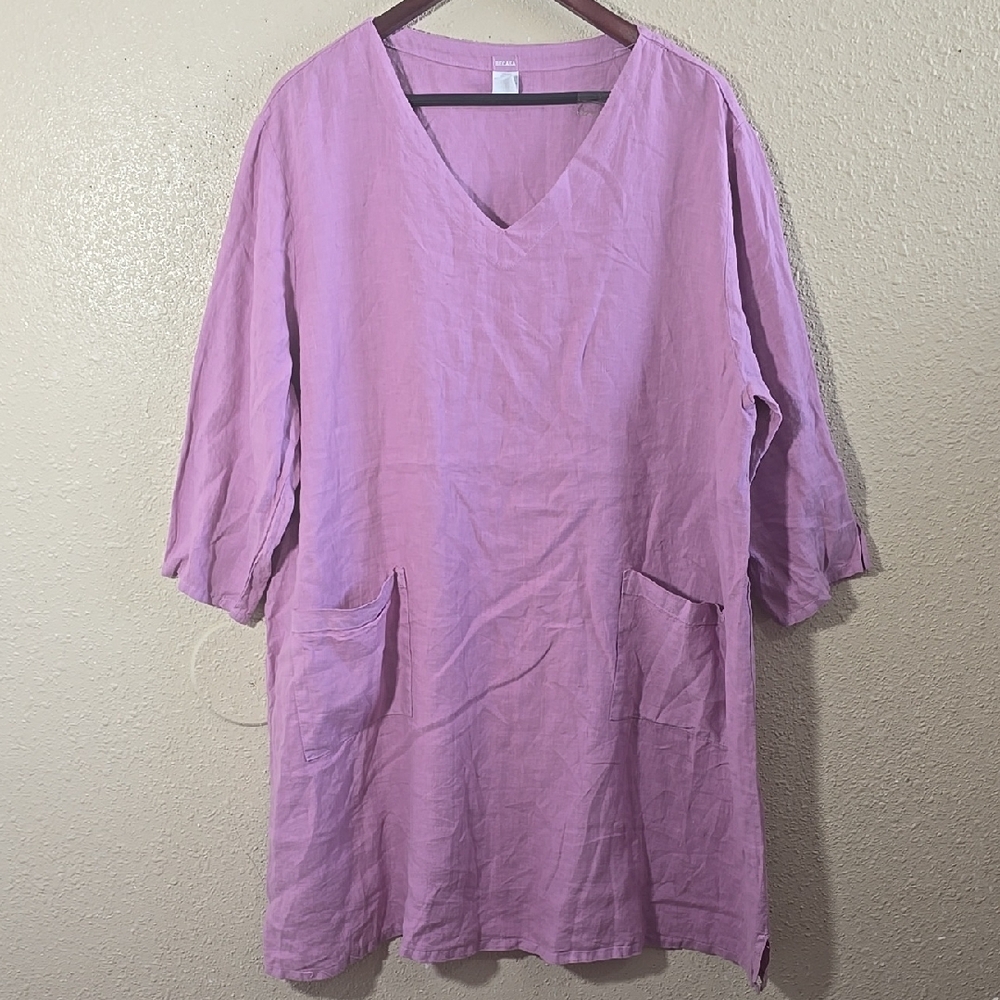 Becasa Linen Casual Pink V-Neck Tunic with Pockets